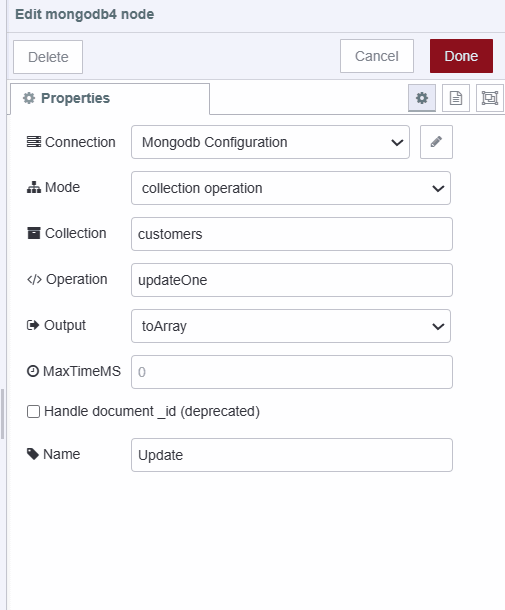 "Screenshot displaying configuration of MongoDB 4 node for updating data"